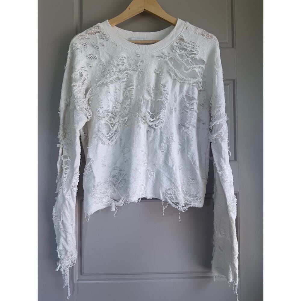 IRO JEANS ivory off white cream heavy distressed Cenix long sleeve crewneck top